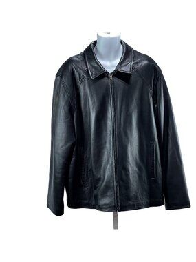 Mens Black Leather Jacket With Zipper Closure & Pockets